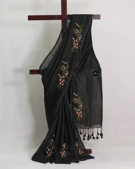Black Pure Linen Saree with Floral Hand Embroidery