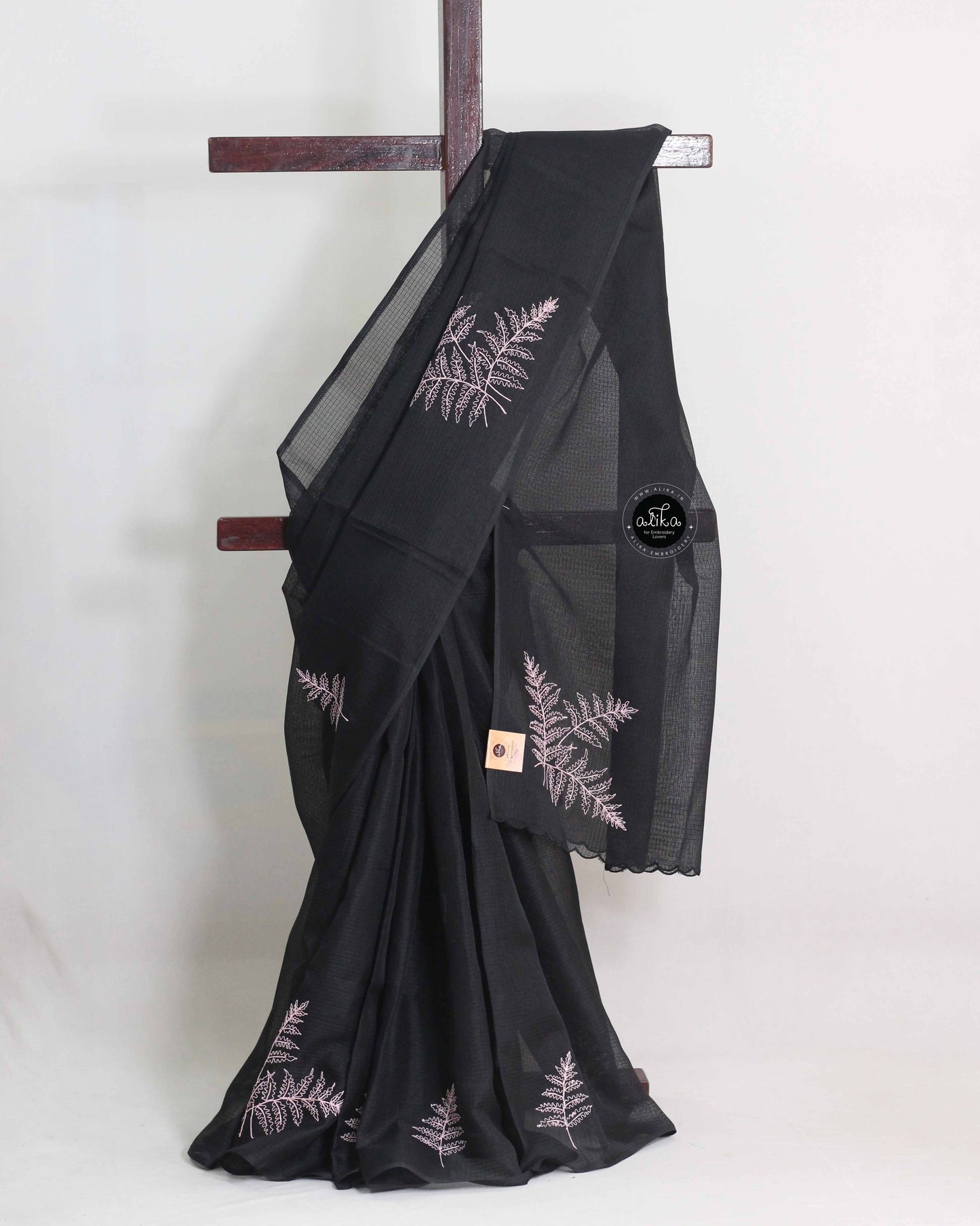 Black Silky Kota Saree with Pink Embroidery