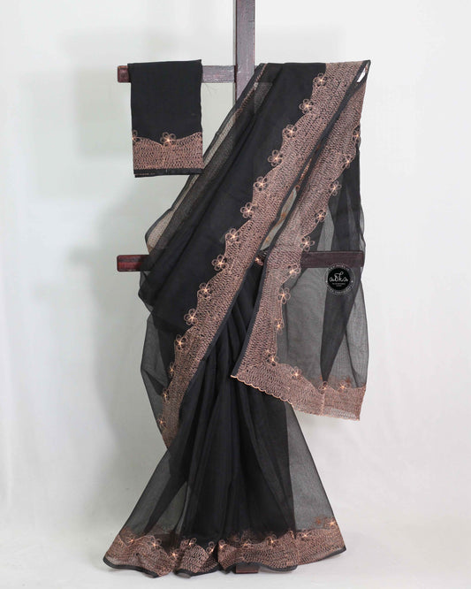 Black Kota Saree with Floral Full Border