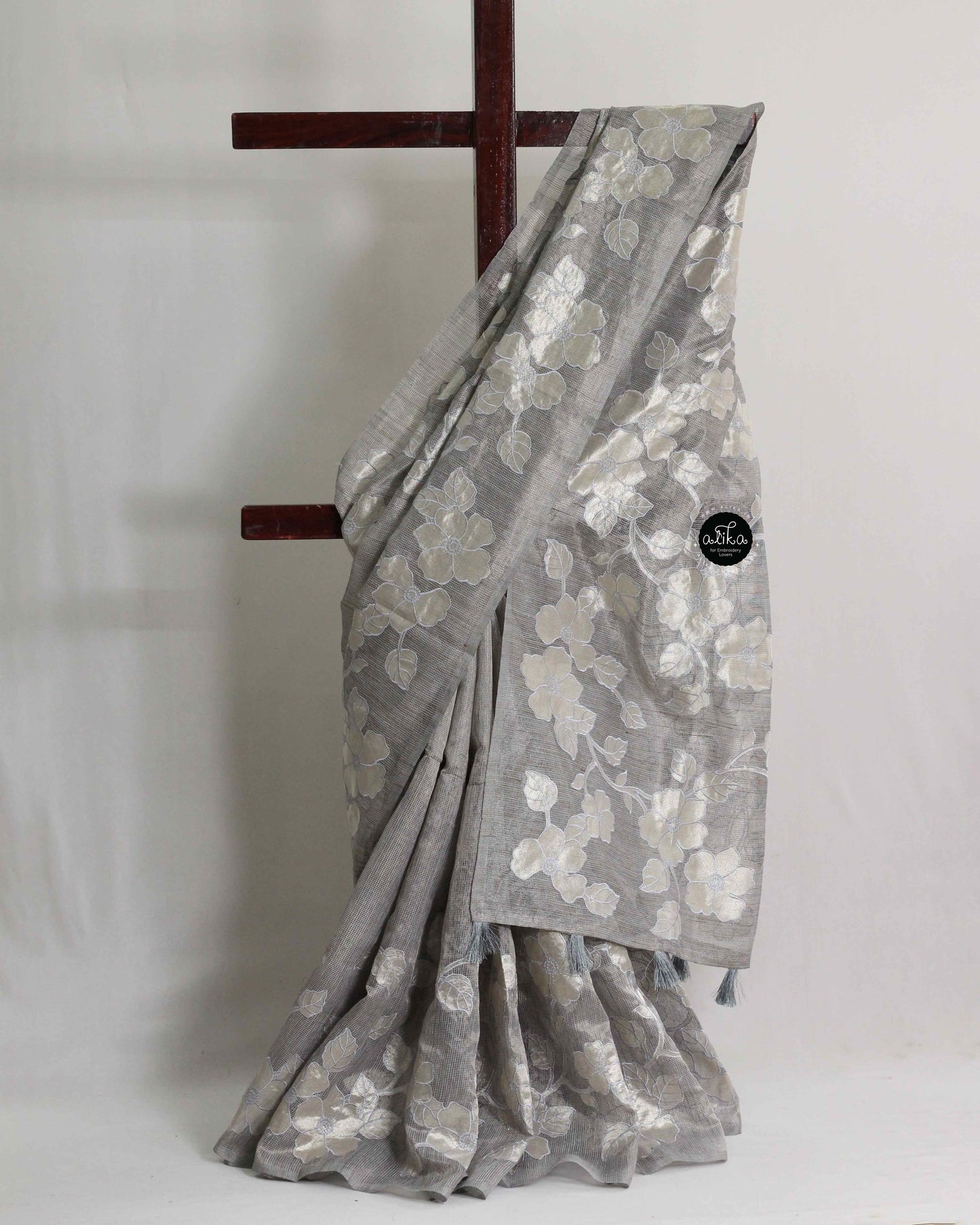Grey Blue Semi Tissue Saree with Floral Appliqué Work – Luxury Designer Wear