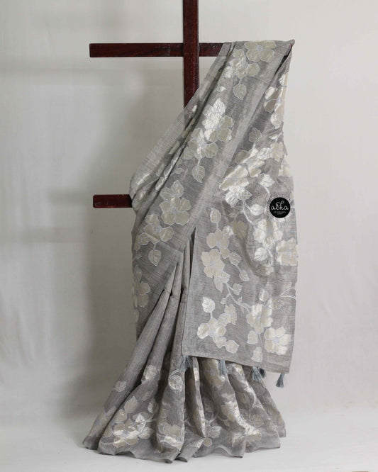 Grey Blue Semi Tissue Saree with Floral Appliqué Work – Luxury Designer Wear