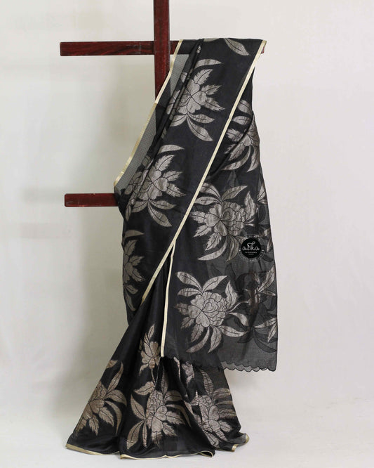 Black Silky kota Saree with Gold Appliqué Work – Designer Party Wear