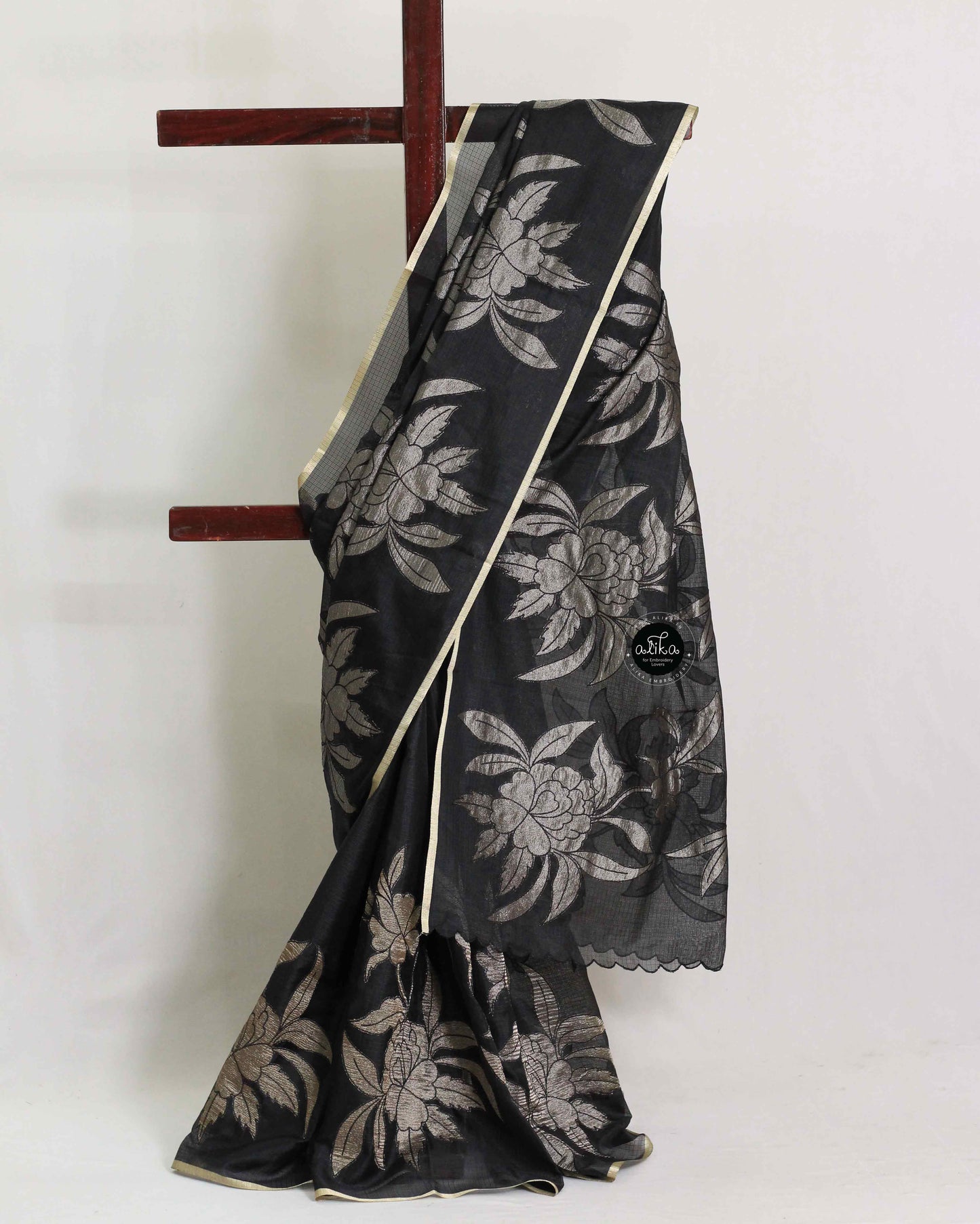 Black Silky kota Saree with Gold Appliqué Work – Designer Party Wear