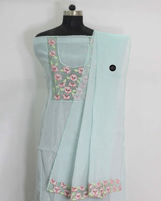 Light Blue Unstitched Kota Top and Dupatta Material with Floral Twine Cutwork