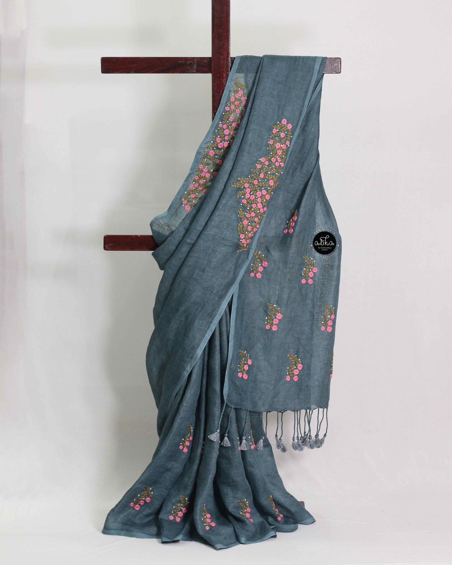 Dark green gray Pure Linen Saree with Floral Hand Embroidery and Bead Work