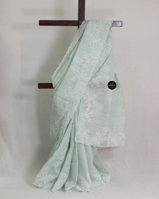 Pale Green Kota Saree with Floral Applique Work