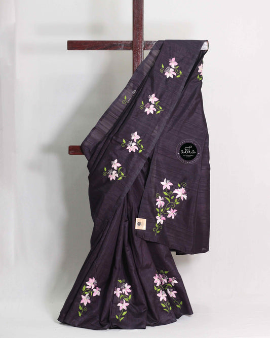 Dark purple semi-silk saree with floral hand embroidery
