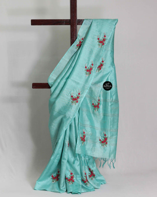 Light Turquoise Blue Pure Tussar Silk Saree with Floral Hand Embroidery