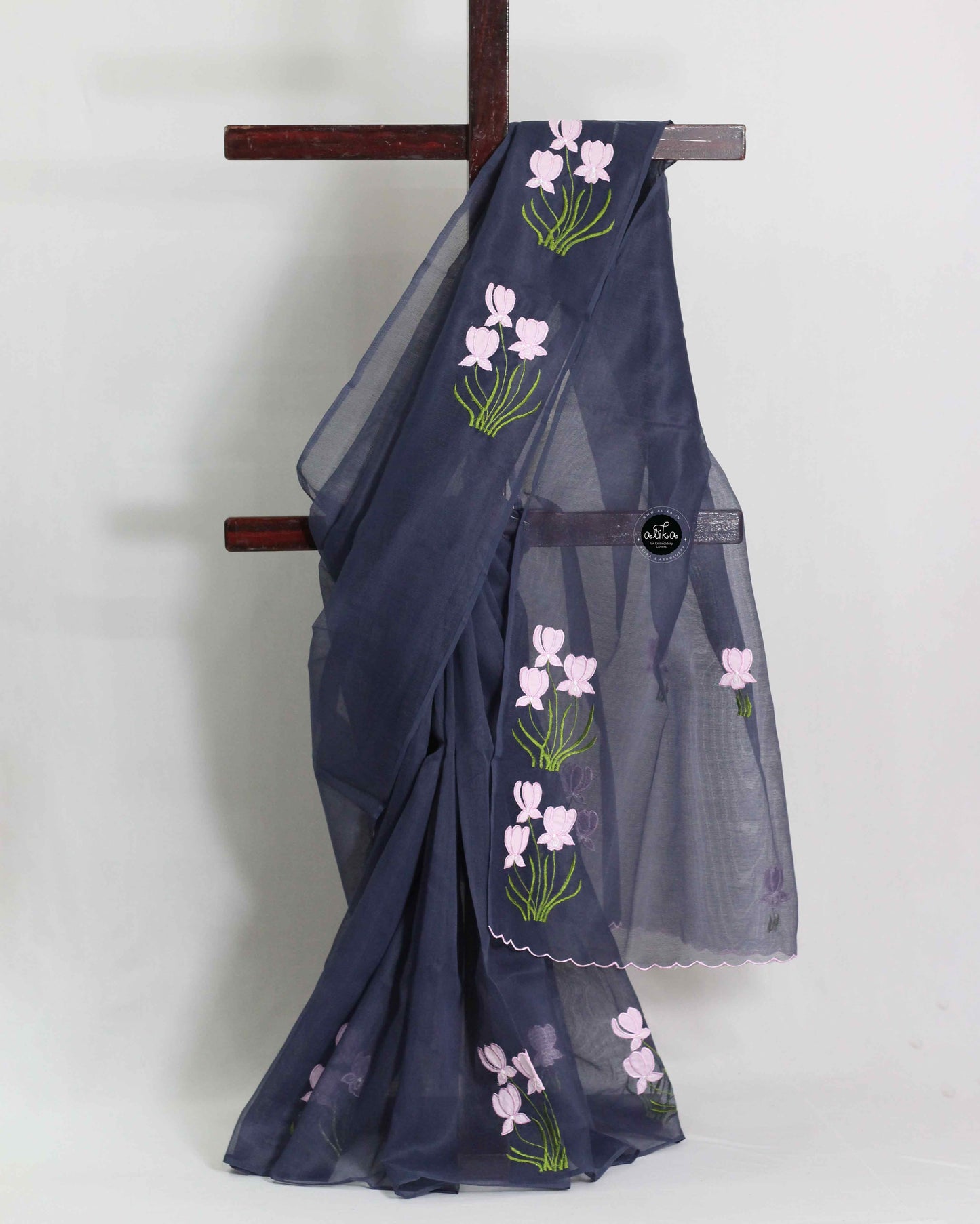 Dark Gray Kota Saree with Floral Applique Work