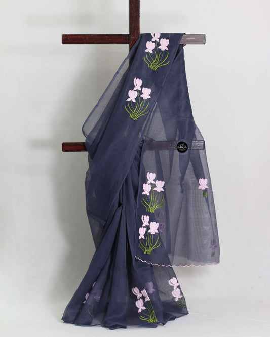 Dark Gray Kota Saree with Floral Applique Work