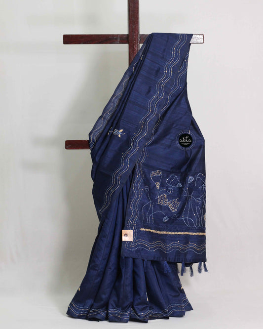 Navy Blue Semi Silk Saree with Floral Hand Embroidery