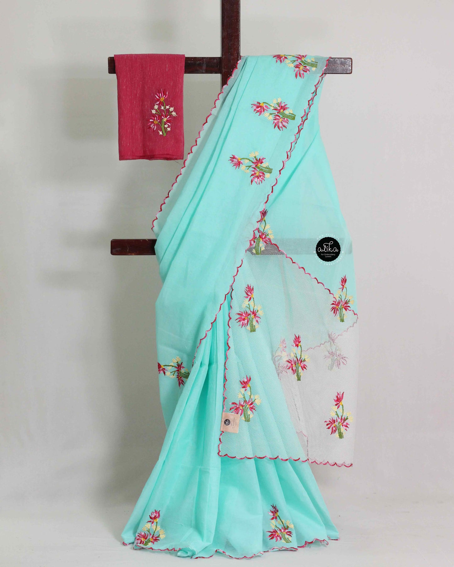 Bright Blue Organdy Saree with Floral Machine Embroidery