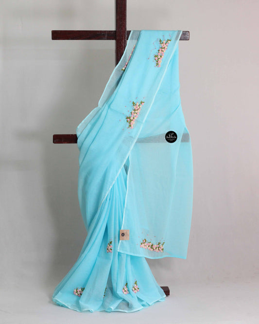 Bright Blue Cotton Kota Saree with Hand Embroidery