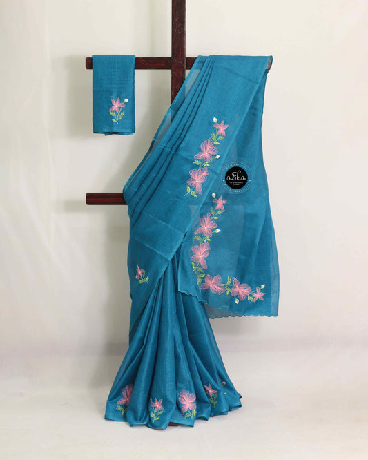 Sapphire Blue Soft Check Kota Saree with Elegant Floral Machine Embroidery – Alika Fashion Store