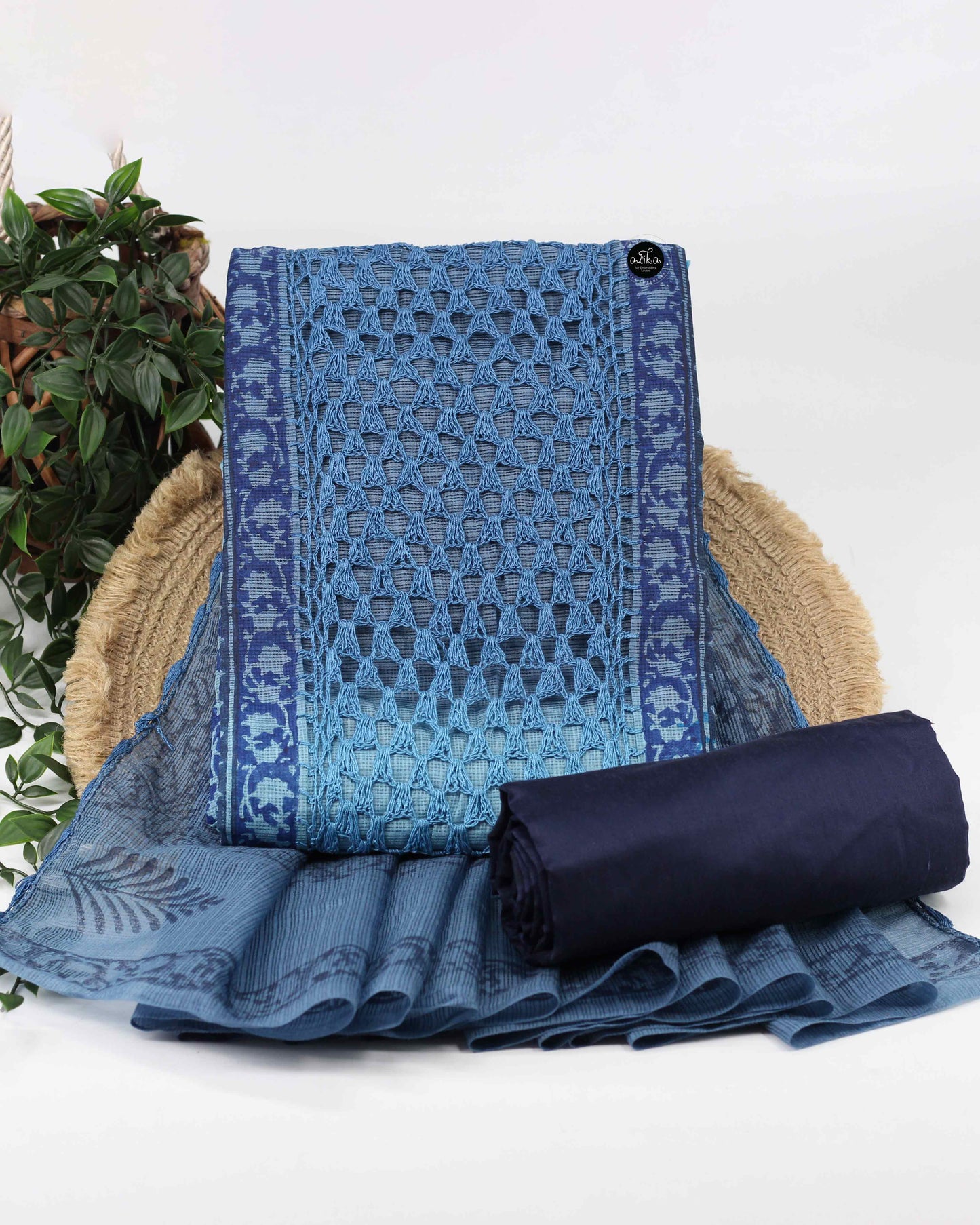 Blue Double-Shaded Printed Unstitched Salwar Set with Centre Crochet Work