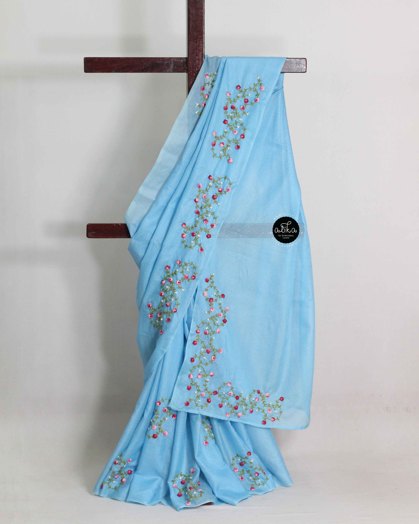 Bright Blue Bagalpuri Silk Saree with Floral Hand Embroidery: