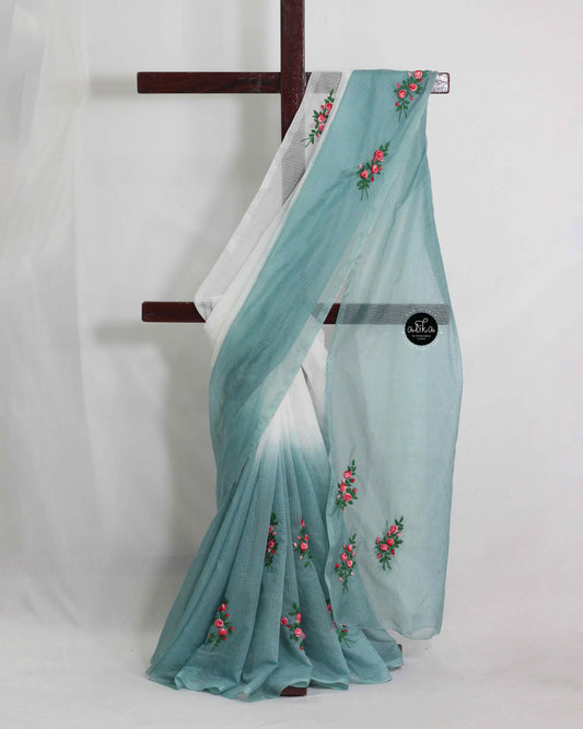 Double Shaded Silky Kota Saree with Floral Hand Embroidery – Alika Fashion Store