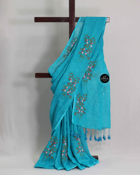 Blue Pure Linen Saree with Floral Hand Embroidery