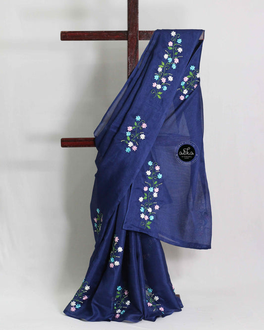 Dark Blue checked Kota Saree with Floral Ribbon Embroidery