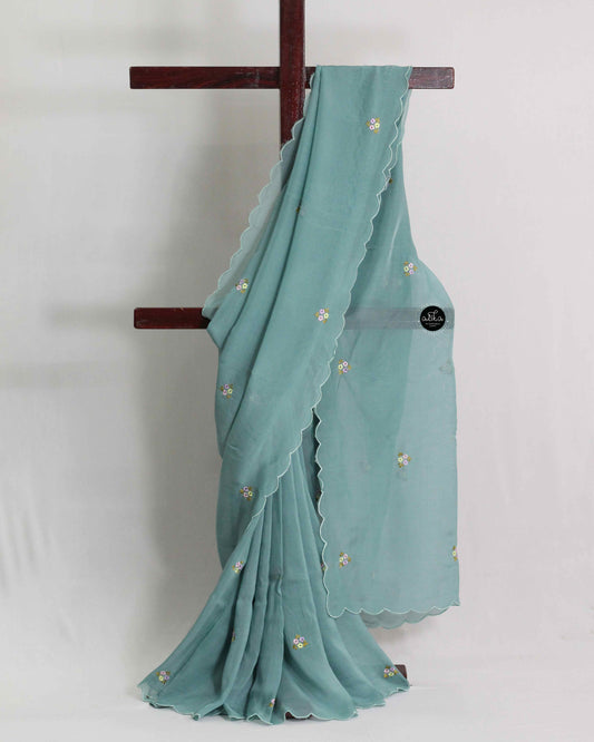 Sea Mist Organza Saree with Floral Machine Embroidery