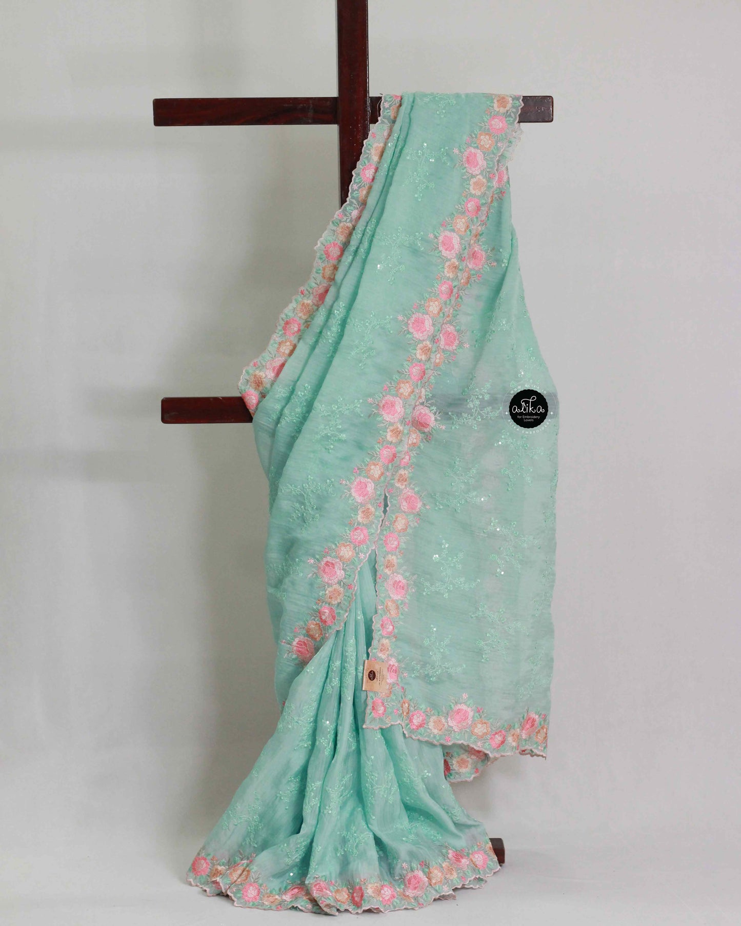 Light Aqua Organza Saree with Floral Full Border Embroidery and Sequin Work