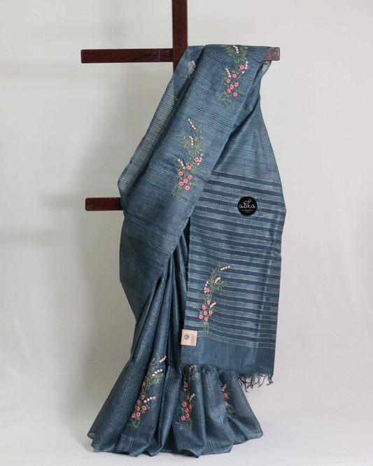 Dark Bluish Gray Pure Tussar Silk Saree in with Floral Hand Embroidery