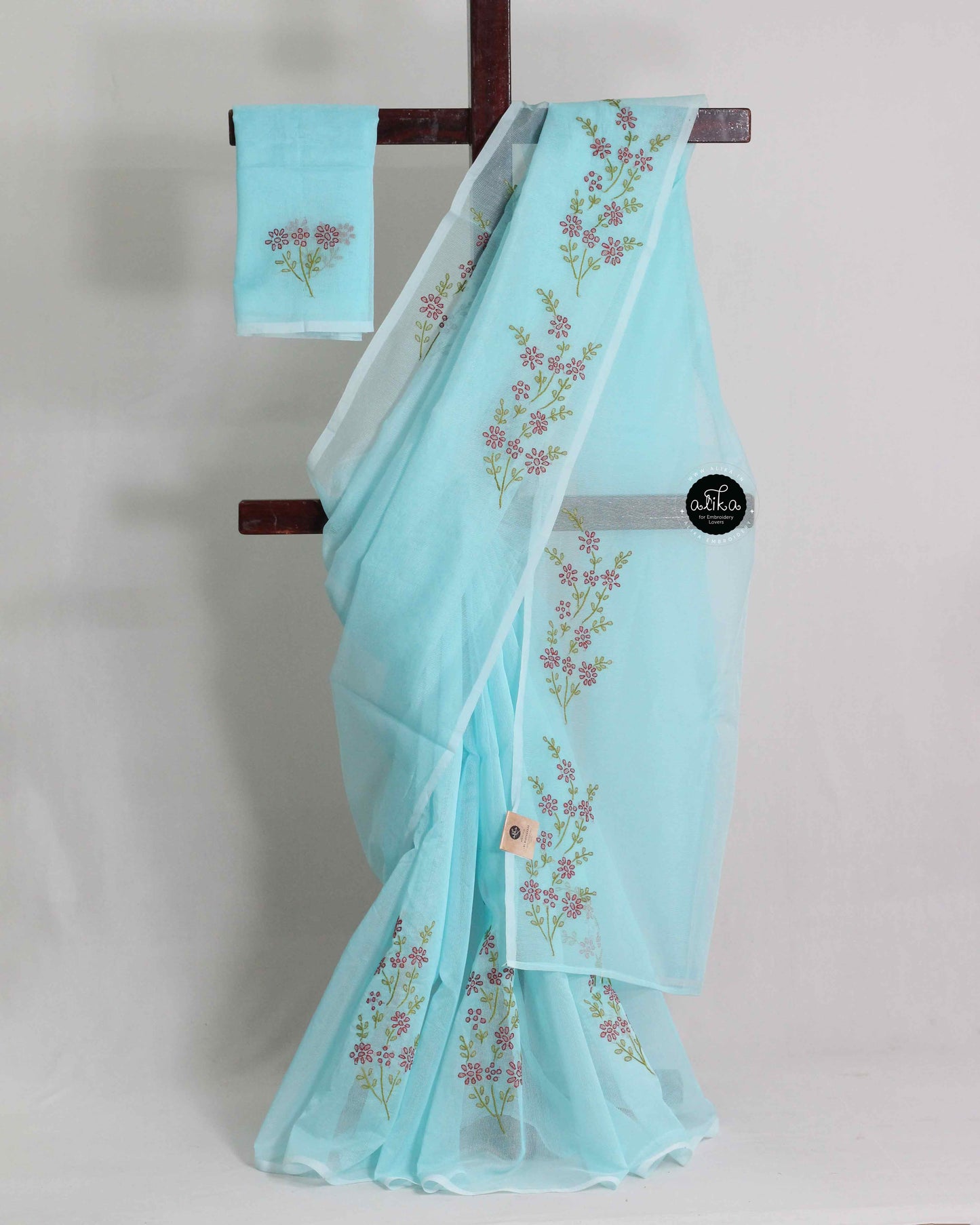 Bright Blue Kota Saree with Floral Shadow Embroidery