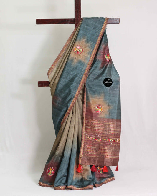 Double Shaded Semi Silk Saree with Floral Hand Embroidery