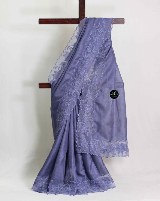 Gray Blue Silky Kota Saree with Floral Organza Applique Border