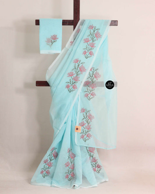 Light Blue Kota Saree with Floral Shadow Work