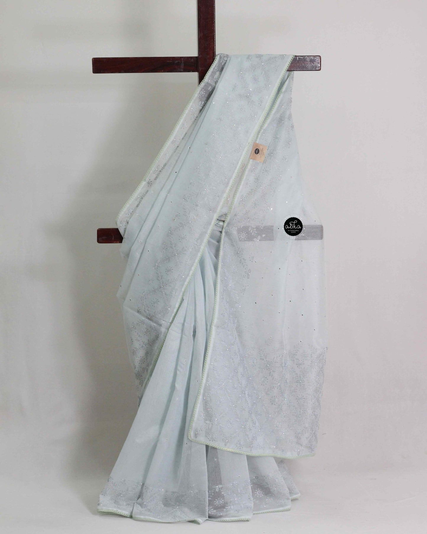 Cool Gray Kota Saree with Machine Embroidery & Mirror Work