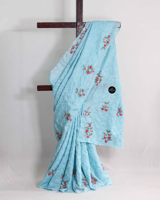 Light Blue Phulkari Saree with Floral Hand Embroidery – Alika Fashion Store