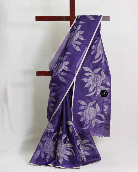 Violet Silky kota Saree with Gold Appliqué Work – Luxury Designer Wear