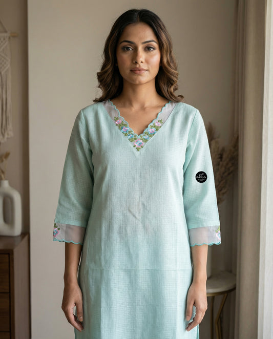 Pastel Blue Stitched kota Kurti with Floral Embroidery on Neckline & Sleeves