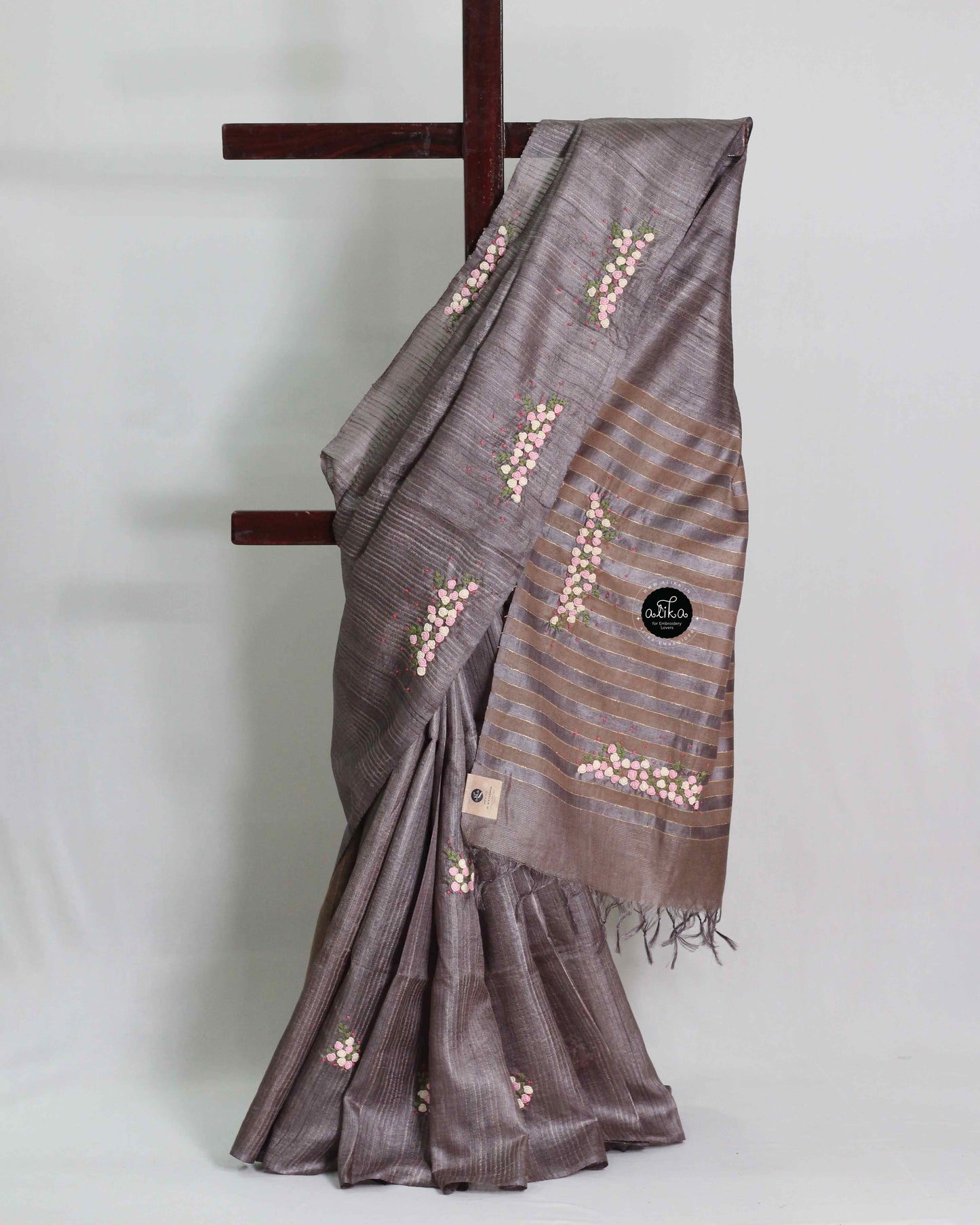 Moss Brown Pure Tussar Silk Saree with Floral Hand Embroidery