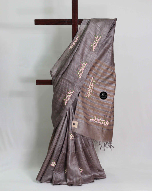 Moss Brown Pure Tussar Silk Saree with Floral Hand Embroidery
