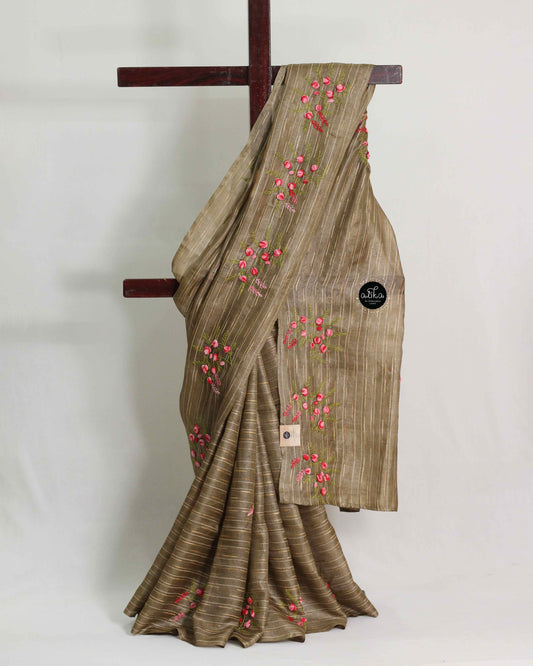 Caramel Brown Tussar Silk Saree with Floral Hand Embroidery