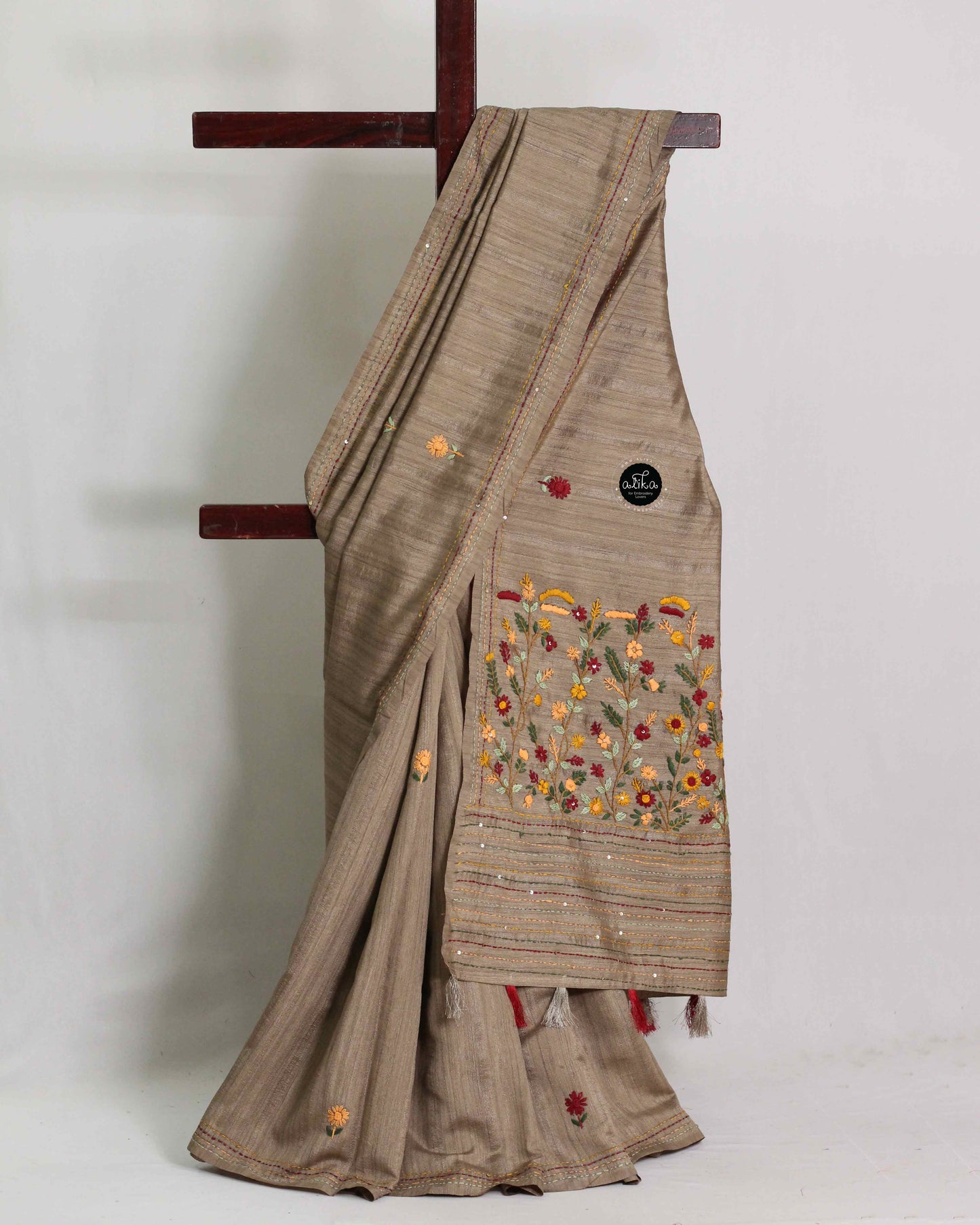 Dark Beige Semi Silk Saree with Floral Hand Embroidery & Sequin Work