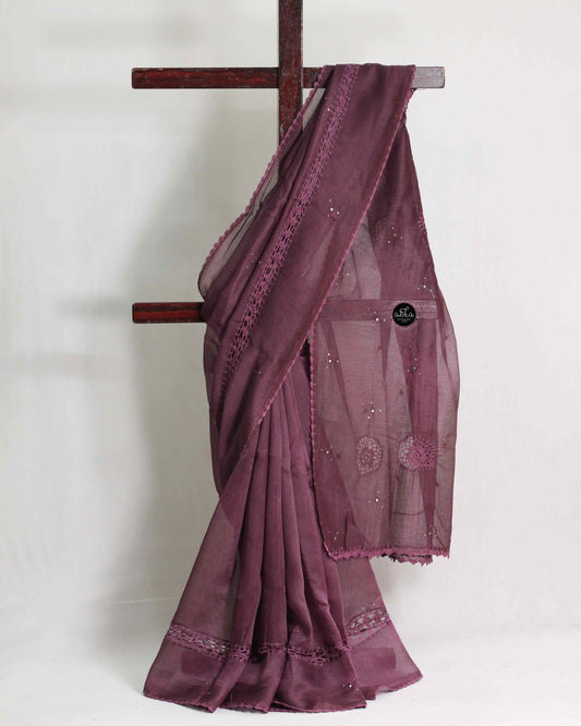 Mauve Kota Doria Saree with Mirror Work | Handcrafted Ethnic Wear