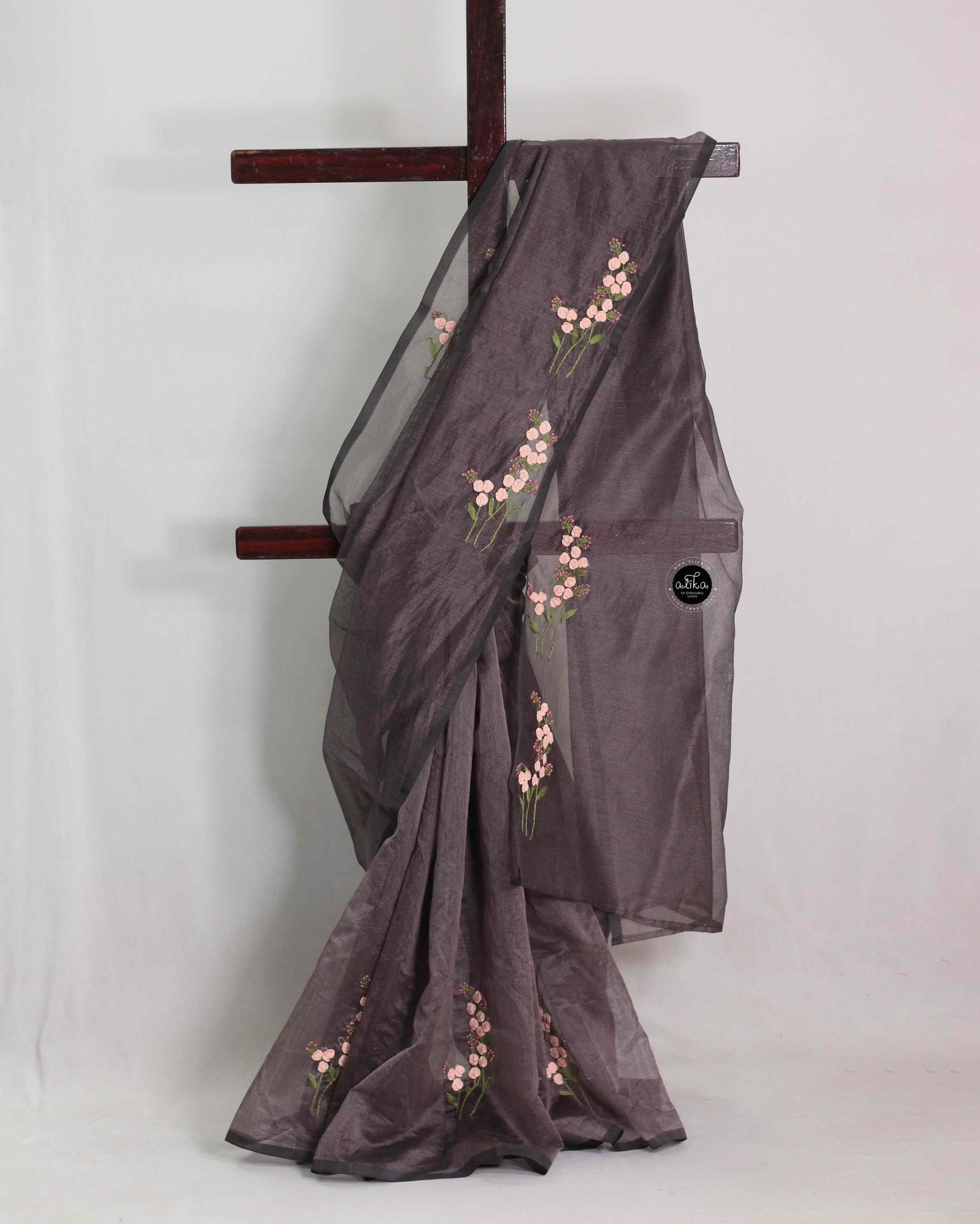 Dark coffee brown Kota saree with floral hand embroidery