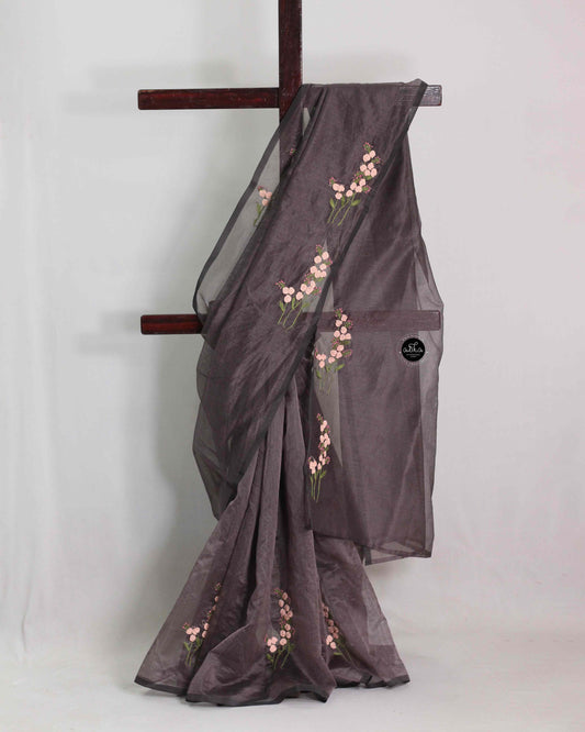 Dark coffee brown Kota saree with floral hand embroidery