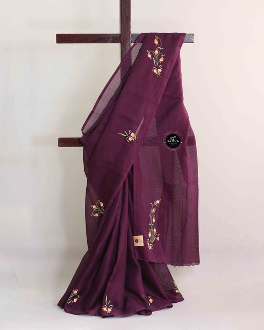 Wine purple Silky Kota Saree with Floral Machine Embroidery