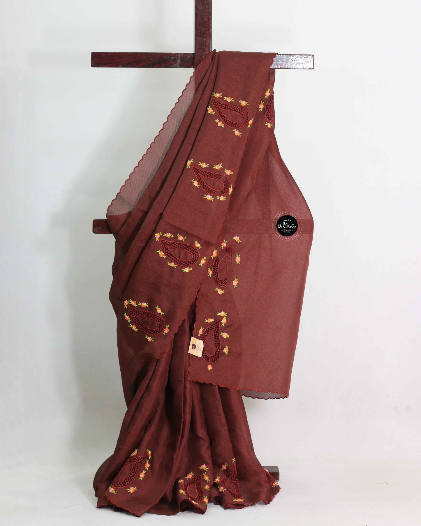 brown jute saree with floral embroidery and cutwork
