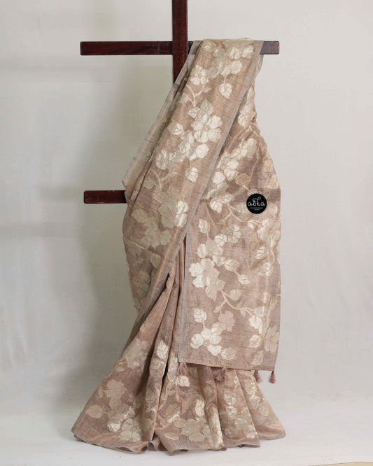 Rose Gold Semi Tissue Saree with Floral Appliqué Work – Luxury Designer Wear