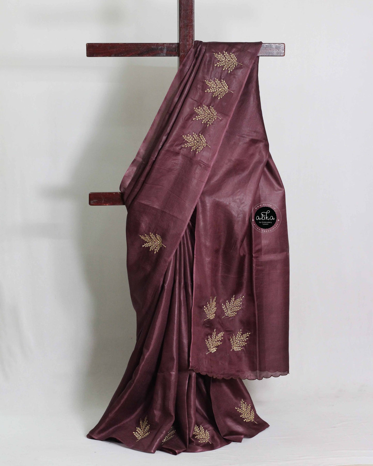 Dark Coffee Semi Tussar Saree with Floral Machine Embroidery