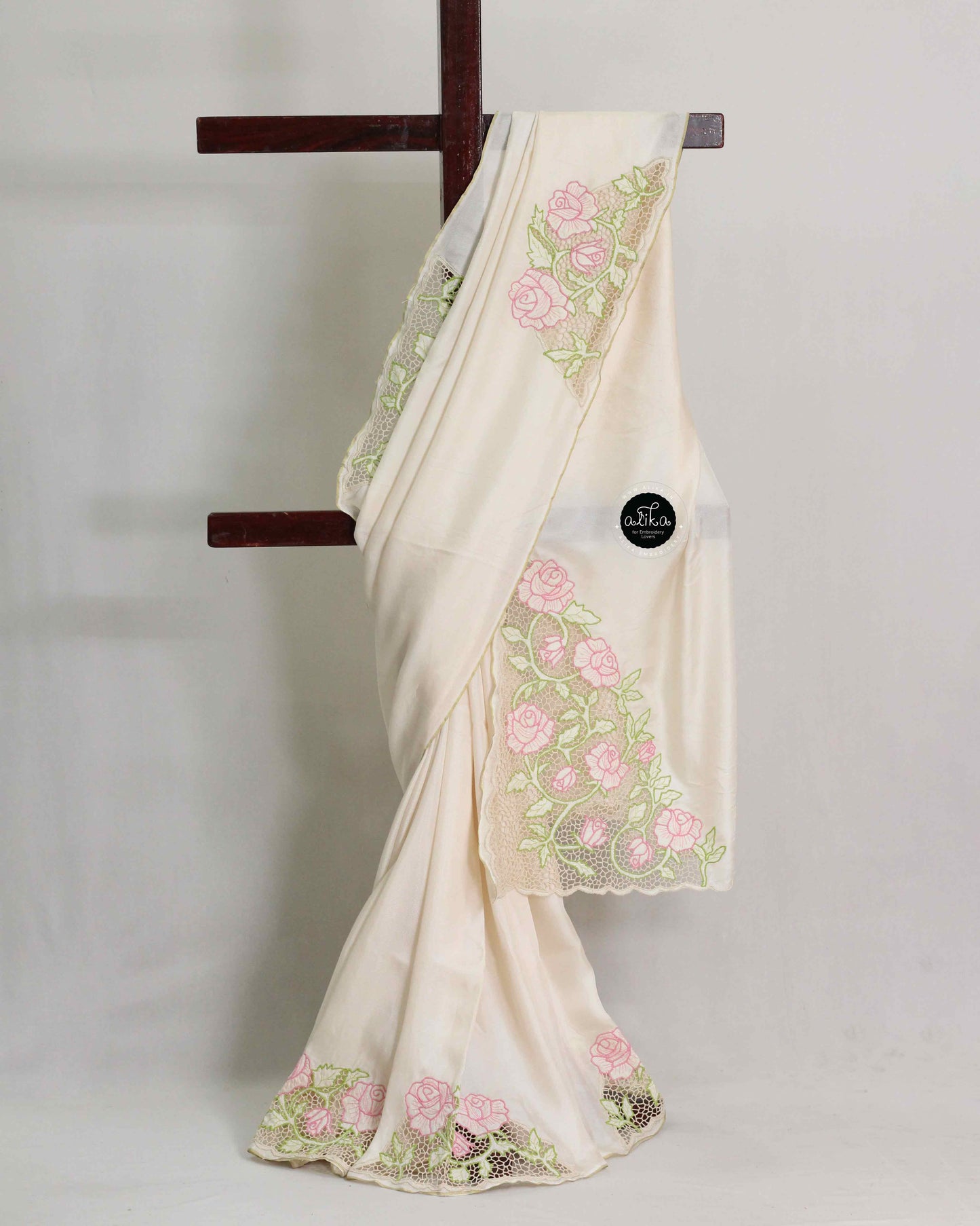Off-White Crispy Georgette Saree with Floral Twine Cutwork | Alika Fashion Store