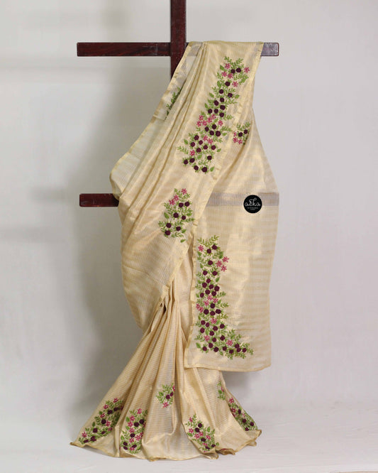 Semi Tissue Saree with Floral Hand Embroidery