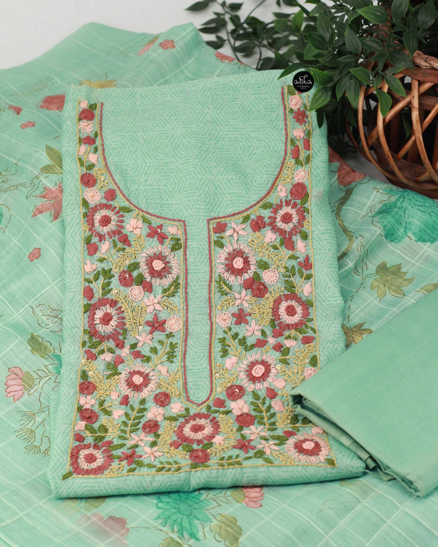 Light Aqua Green Chanderi Cotton Unstitched Salwar Set with Floral Hand Embroidery