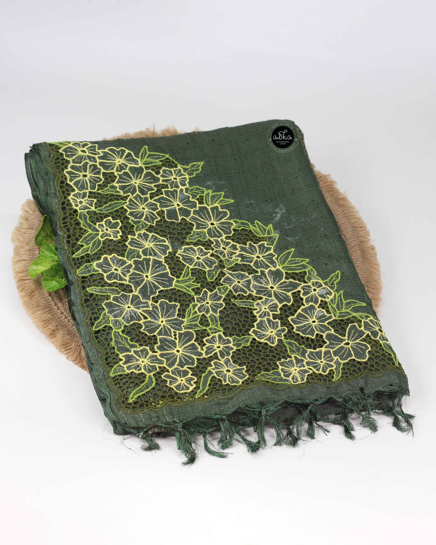 Green Tussar Silk Saree with Floral Twine Cutwork