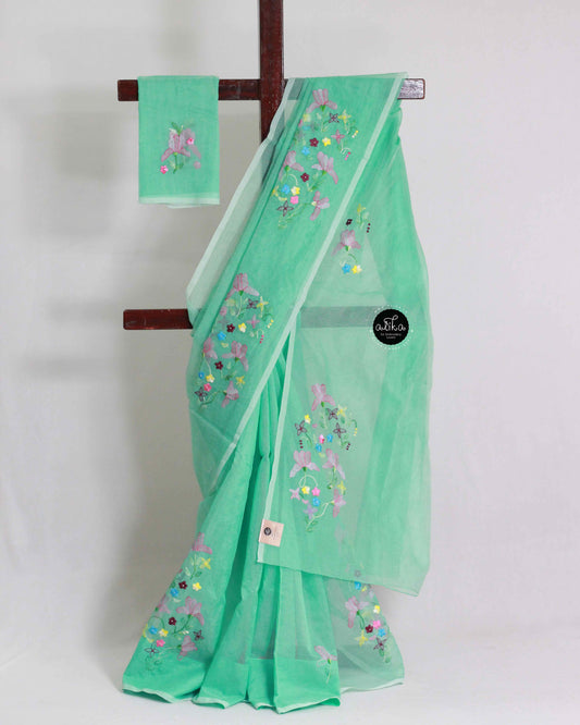 Bright Mint Green Kota Saree with Shadow Embroidery
